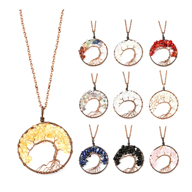 Brand New Handmade Tree of Life Chakra Quartz Natural Stone Pendant Necklace Ladies Healing Crystal 7 chakra necklace jewelry