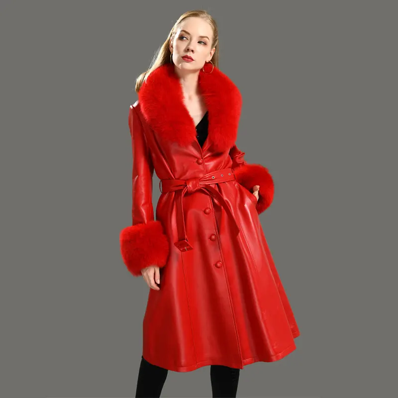 Hot Sale Fashion Women Genuine Leather Jacket With Real Fox Fur Collar Long Style Belt Design Wholesale Real Leather Trench Coat