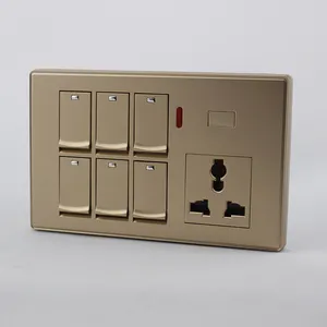 New Design UK Standard Golden 6 Gang Switch MF Socket Wall Switch And Socket