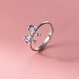 Rinntin GSR07 Crystal Bow Knot Rings 925 Sterling Silver for Women Sweet Up Cubic Zirconia Bow Knot Adjustable Finger Band