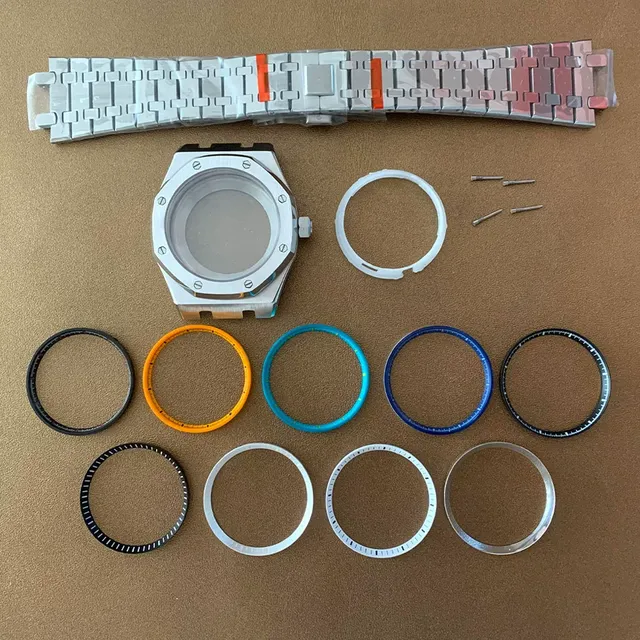 41mm Transparent Bottom Stainless Steel Watch Case Complete Set with Dial and Strap Silver