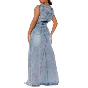 Nouvelle Arrivée Robe en Jean d'Été de Haute Qualité, Décontractée, Sexy, Style Urbain, Asymétrique à une Épaule, Délavée à l'Acide, Modeste - Product Image 2