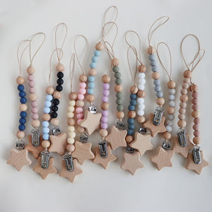 Vente en gros de chaîne porte-sucette étoile anti-perte en chaîne perles de silicone de qualité alimentaire pinces à sucette bébé en bois lisse - Product Image 5