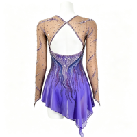Robe de patinage artistique violette, manches longues en maille, dos croisé, ornée de strass, pour femmes et filles, compétition, spectacle sur glace