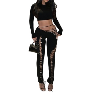 New Women's Long-Sleeve Top With <b>Sexy</b> Lace-Up Cutouts & Skinny Leggings 2-Piece <b>Set</b> Fashion - Product Image 1