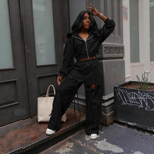 Conjunto de 2 Piezas para Mujer K3766 Invierno/Primavera 2026, Sudadera con Capucha y Cremallera, Pantalones Anchos Rotos, Estilo Casual Urbano - Product Image 3