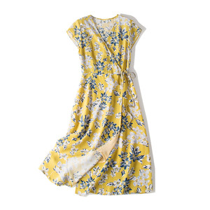 Temperament V-neck Yellow Floral Printed Mulberry <strong>Wrap</strong> A-line High Quality Women <strong>Silk</strong> Printed <strong>Dresses</strong> - Product Image 4