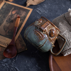 แก้วเซรามิคลายโบราณพร้อมหูจับสีบรอนซ์ แก้วเดี่ยวสำหรับใช้ในบ้าน - Product Image 3