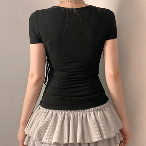 Womens Y2K Side Tie V Neck <b>Sequin</b> Lace Patchwork Slim Fit T Shirt <b>Top</b> Streetwear - Product Image 2