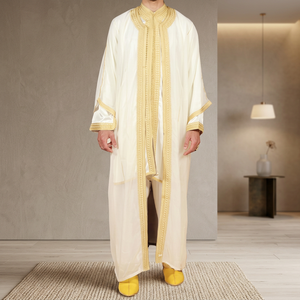 Túnica Bordada Antiarrugas para Hombre, Manga Larga, Largo hasta el Suelo, Corte Regular, Algodón, Estilo Étnico de Oriente Medio, Todas las Temporadas, Eid - Product Image 3