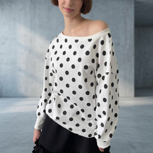 Trendy Women's <b>Off</b> <b>Shoulder</b> Polka Dot <b>Long</b> <b>Sleeve</b> Sweatshirt Oversized Lantern <b>Sleeve</b> Knitted Cotton Casual <b>Top</b> Autumn Style - Product Image 2
