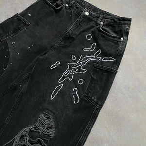 Jeans délavés vintage délavés pour hommes Streetwear HipHop Baggy Loose Fit Wide Leg Brodé Stonewashed Casual - Product Image 4