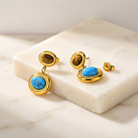 Pendientes de Turquesa Natural Ovalados en Acero Inoxidable Estilo Vintage con Baño de Oro PVD de 18k para Mujer