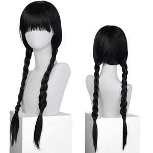 <span class=keywords><strong>Perruque</strong></span> de cosplay HLC à faible coût, personnalisée, pour Halloween, style <span class=keywords><strong>Addams</strong></span>, inspirée du film Wednesday, noire, avec frange droite et deux longues tresses - Product Image 5
