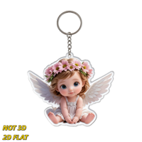 Porte-clés ange mignon avec couronne de fleurs roses, breloque en acrylique avec ailes blanches, accessoire léger et original pour clés