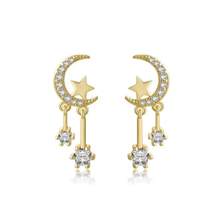 SP Korean Fashion Style 18K Gold Zircon Star and Moon Symmetrical Earrings For Women