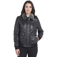 Jaket Kulit Asli Wanita Mantel Bomber Berlapis Kulit Domba Kerah Lipat Penutup Ritsleting Pakaian Luar Musim Gugur