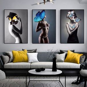 Peinture sur toile de Portrait de femme noire <span class=keywords><strong>et</strong></span> blanche, imprimés de papillons <span class=keywords><strong>et</strong></span> autres dessins - Product Image 2