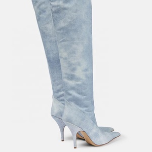 Wide Fit Thigh High Booties Women Blue Stiletto High Thin Heels Shoes Stretch Denim Over Knee Woman's Sexy Pointy Toe Pumps - Product Image 4