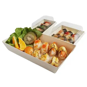 Disposable Custom Take Away Square Rectangle Fruit Kraft Paper Packaging Sushi Salad Box With Lid