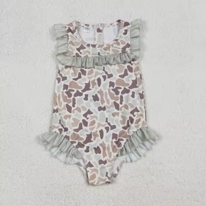 Maillot de bain une pièce pour bébés filles, mignon, à manches courtes, imprimé camouflage, à volants, vêtements de plage - Product Image 6