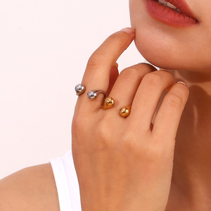 18K Gold Plated Stainless Steel Polished Teardrop Sphere Open Adjustable Minimalist Curved <b>Statement</b> Stackable <b>Ring</b> For Women - Product Image 4