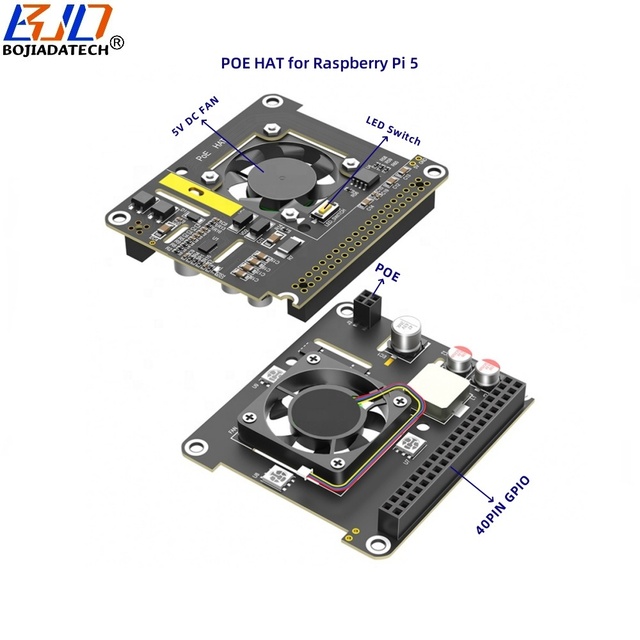 38V-57V DC Input POE Hat 40PIN GPIO 5V 5A 25W Output With Cooling Fan Support Official Case for Raspberry Pi 5