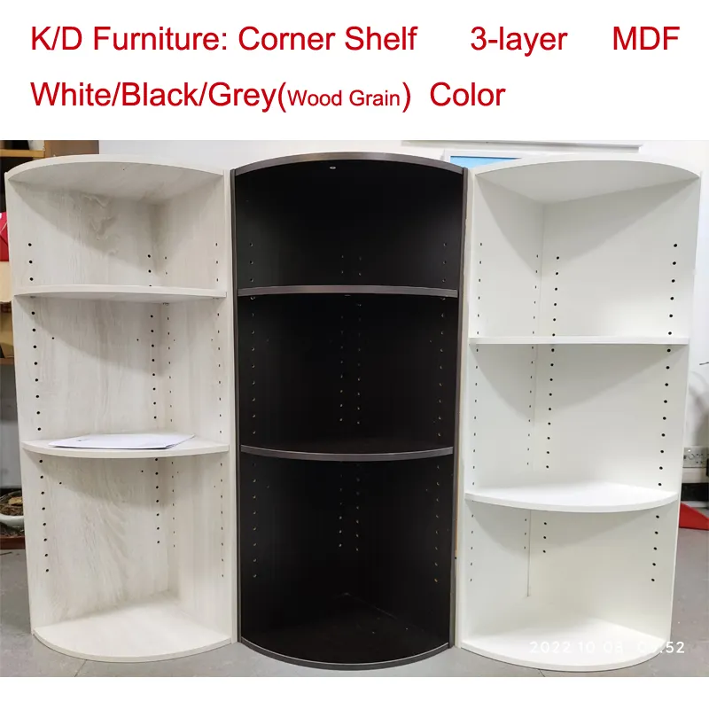 New design Cheapest K/D furniture , Freestanding Corner shelf 3-layer MDF Rack Storage Holders