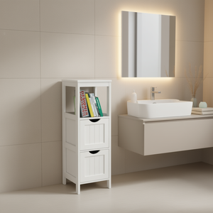 Estante de Almacenamiento para Baño Blanco con 2 Cajones, 60x70cm, Organizador de Esquina Independiente, Diseño Contemporáneo de Madera - Product Image 2