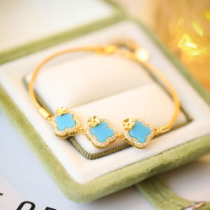 Bracciale Vintage Aimgal con Quadrifoglio, Giada <span class=keywords><strong>Africana</strong></span> Naturale e Turchese Intarsiati, Placcato Oro 18k, Argento 925, Lusso Trendy - Product Image 2