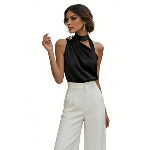 Haut asymétrique drapé <span class=keywords><strong>sans</strong></span> manches à col licou pour femme avec boucle métallique Sehe Fashion - Product Image 2