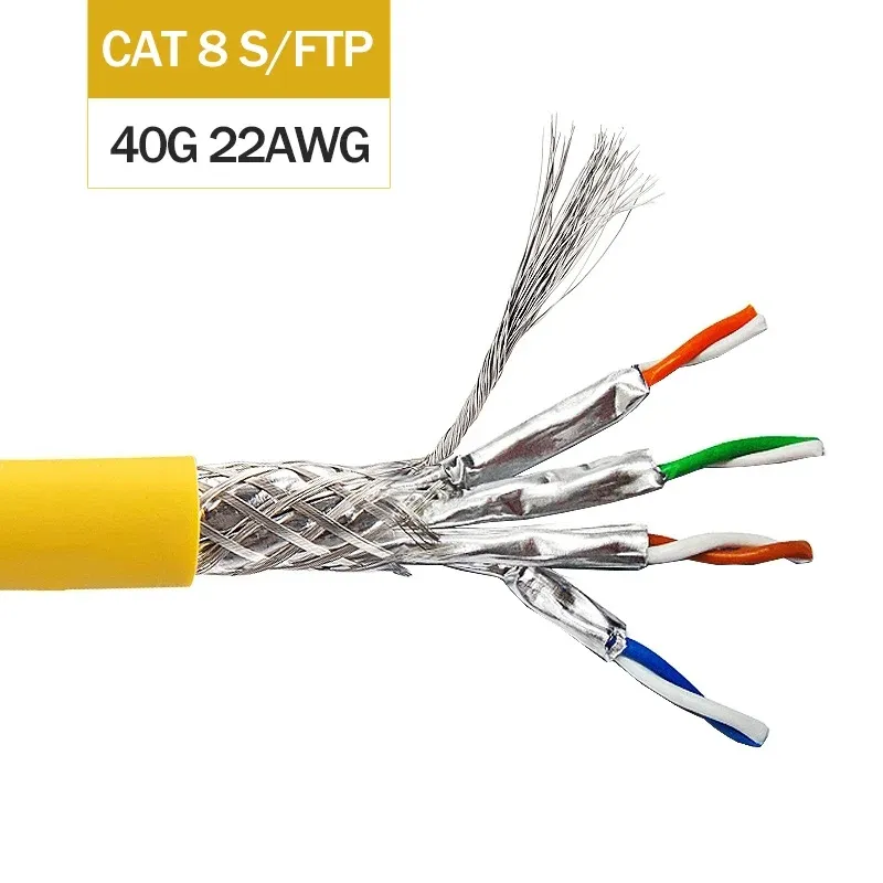 RJ45 kabel CAT8 40G 2000MHz SFTP kabel instalasi berpelindung 22AWG tembaga bebas oksigen LSZH/jaket PVC mendukung 4P POE 1000FT/kotak