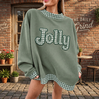 Sweat-shirt Mockeck Oversize Ample en Tissu de Haute Qualité avec Applique à Carreaux Gingham et Imprimé Lettres Joyeuses, Épaules Tombantes, Hauts d'Hiver