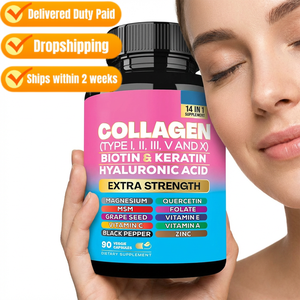 Suplemento Dietético Natural 14 en 1 con Colágeno Tipos I, II, III, V, X, Biotina, Queratina <span class=keywords><strong>y</strong></span> Ácido Hialurónico para Adultos, Aclara la Piel, 90 Cápsulas - Product Image 1