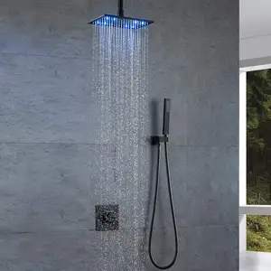 Torneira para teto led chuva sistema, oculto 8*12 polegadas, preta, fosca, cabeça de chuveiro, com chuveiro, spray, torneira misturadora de latão maciço