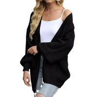 Kardigan Logo Embos Berkualitas Baik Gaya Kasual Wanita Lengan Mengembang Rajutan Sweater dengan Saku untuk Musim Dingin