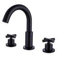 Robinet de lavabo à bec col de cygne rond noir mat, mitigeur chaud/froid en laiton à double valve, robinet de salle de bain moderne à 3 trous