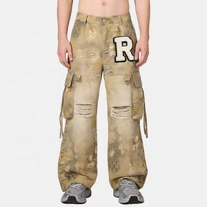 Pantalones Cargo de Pierna Ancha <span class=keywords><strong>con</strong></span> Bordado de Parches y Estampado Digital, <span class=keywords><strong>con</strong></span> Orificios y Remaches, Fabricados a Medida por OEM, <span class=keywords><strong>con</strong></span> Efecto Spray Arcoíris para Hombre - Product Image 1