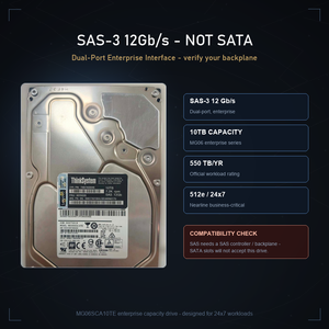 ฮาร์ดไดรฟ์ MG06SCA10TE 10TB Enterprise SAS ขนาด 3.5 นิ้ว 7.2K RPM สำหรับเซิร์ฟเวอร์ แบบถอดจากเครื่อง ไม่มีชั่วโมงใช้งานต่อเนื่อง รับประกัน 3 ปี - Product Image 1