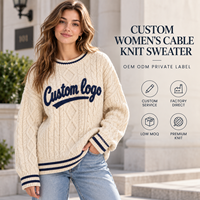 Pull personnalisé pour femme à col rond en tricot torsadé à manches longues avec bordure contrastée et logo imprimé en relief pour l'automne et l'hiver