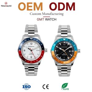 Montre GMT OEM personnalisée <span class=keywords><strong>avec</strong></span> cadran bicolore, insert de lunette en céramique, mouvement japonais NH34, fenêtre de date, aiguilles et index lumineux - Product Image 1