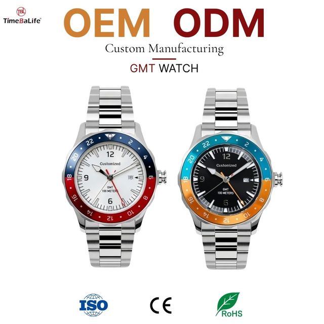 OEM Custom Dial Two-Tone Ceramic Bezel Insert Japan NH34 Movement GMT Watch with Date Window Luminous Hands and Markers