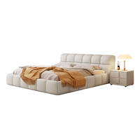 Lit double moderne et simple en tissu crème YISI avec cadre en bois de pin, rangement haute boîte, design moelleux, hauteur réglable, autres caractéristiques