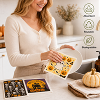 Chiffon de cuisine suédois imprimé Halloween pour la maison, la cuisine, le bar, le nettoyage, fournisseur, écologique, 70% cellulose, 30% coton, chiffon éponge