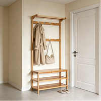 Porte-vêtements multifonctionnel en bambou avec banc à chaussures, meuble d'entrée autoportant avec crochets, organisateur de rangement pour chaussures à domicile
