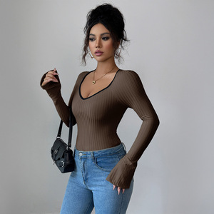<span class=keywords><strong>T</strong></span>-shirts à manches longues pour femmes, <span class=keywords><strong>t</strong></span>-<span class=keywords><strong>shirt</strong></span> en coton <span class=keywords><strong>côtelé</strong></span> extensible, coupe ajustée pour femmes - Product Image 4