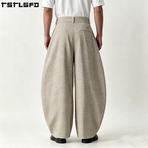 Pantalon plissé structuré à carreaux OEM/ODM, coupe large et ample, style japonais, vente en gros - Product Image 2