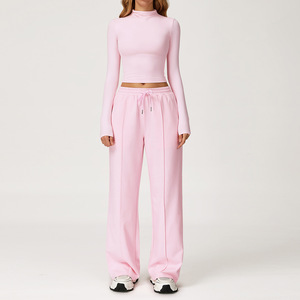 Ensemble de vêtements de sport pour femmes, automne-<span class=keywords><strong>hiver</strong></span>, haut à col haut à manches longues, pantalon de survêtement à jambes larges, vêtements de fitness, vêtements de course, logo personnalisé - Product Image 3