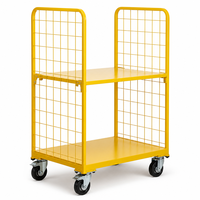 Chariot de picking industriel jaune à 2 niveaux avec roues, en treillis métallique double face, pour entrepôt et usine
