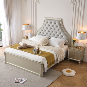 Muebles de Dormitorio, Cama Tapizada Estilo <span class=keywords><strong>Castillo</strong></span> Francés Color Champán, Cabecera de Cuero con Tachuelas Curvas, Base de Madera Sólida - Product Image 2
